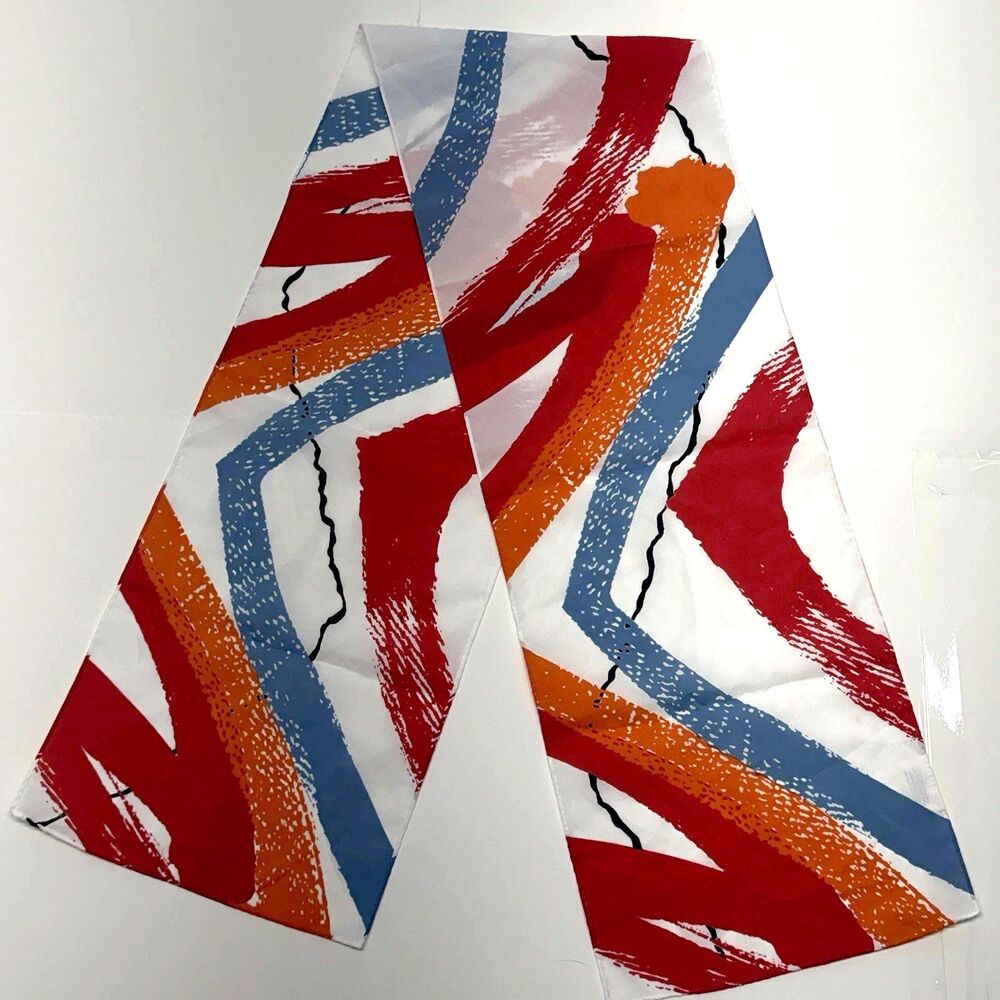 Vintage Avon Japan Abstract Brushstroke Scarf Red Blue Orange White 80s